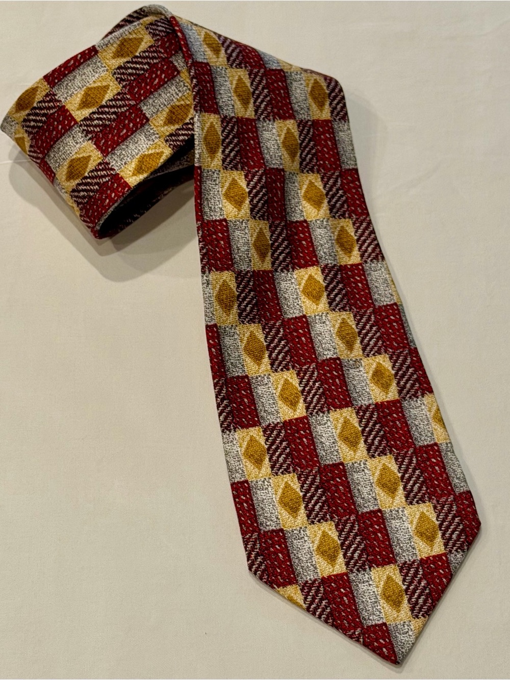 Ermenegildo Zegna Red, Gold & Silver Checked Geometric Tie